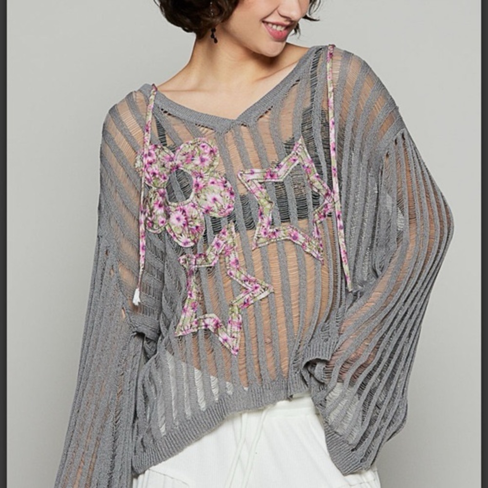 POL Gray Sheer Sweater with Floral Star Accents